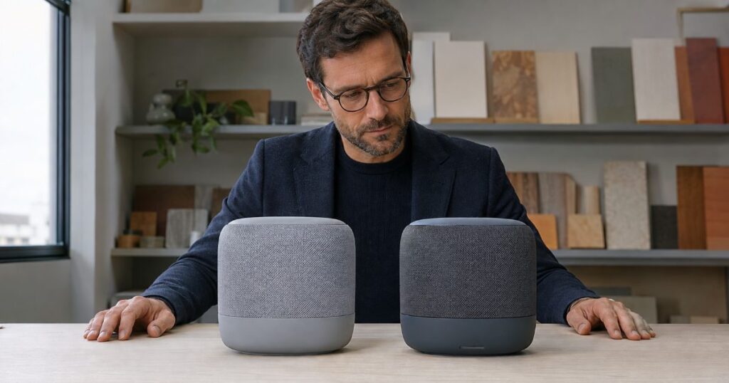 Pessoa comparando dois produtos concorrentes semelhantes lado a lado sobre uma mesa clara