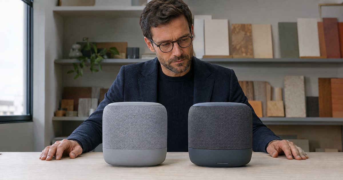 Pessoa comparando dois produtos concorrentes semelhantes lado a lado sobre uma mesa clara