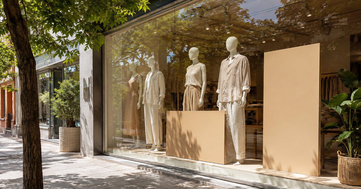 Vitrine de loja de rua em dia ensolarado com manequins neutros e placas sem texto