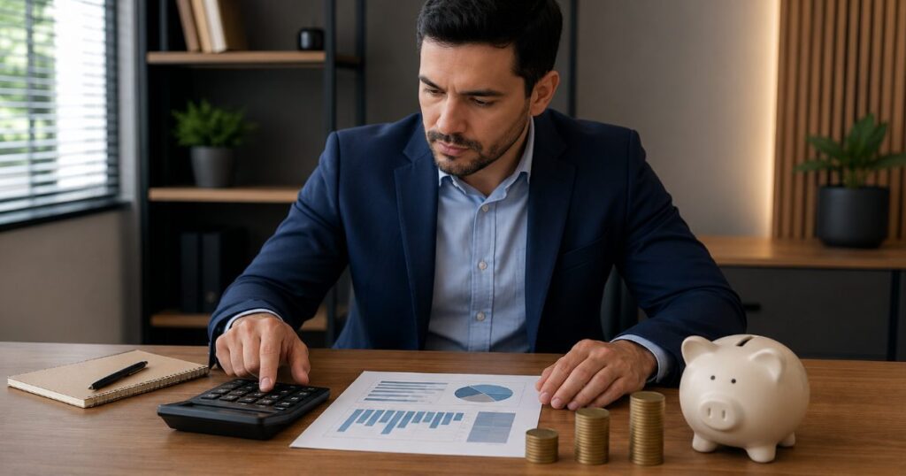 Pessoa em mesa de escritório usando calculadora ao lado de moedas empilhadas e um cofrinho planejando custos