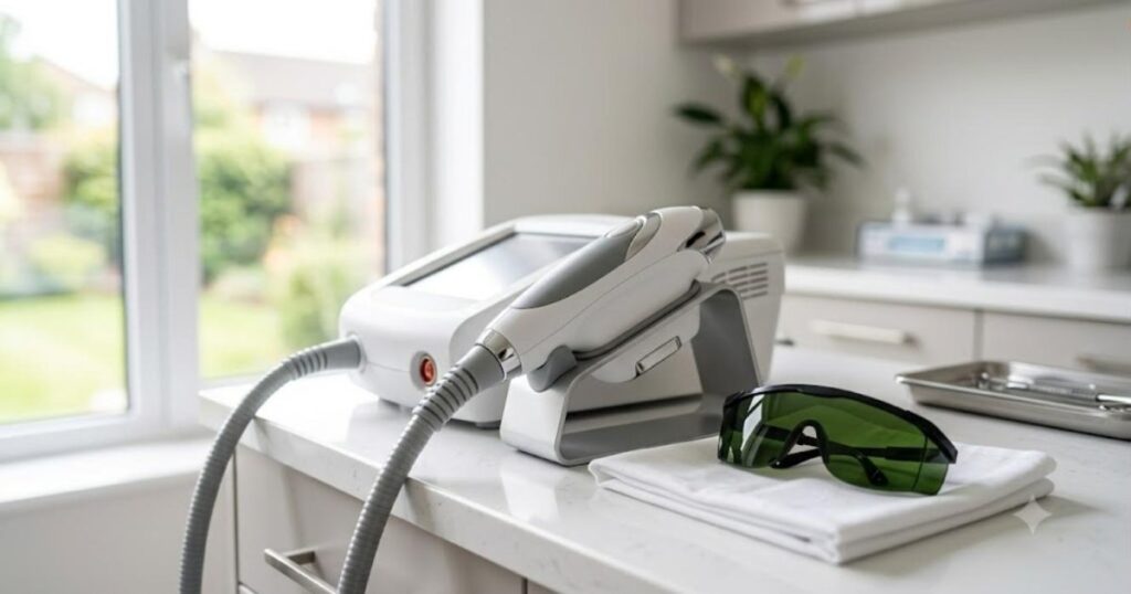 Aparelho de depilacao a laser e oculos de protecao em bancada de clinica de estetica