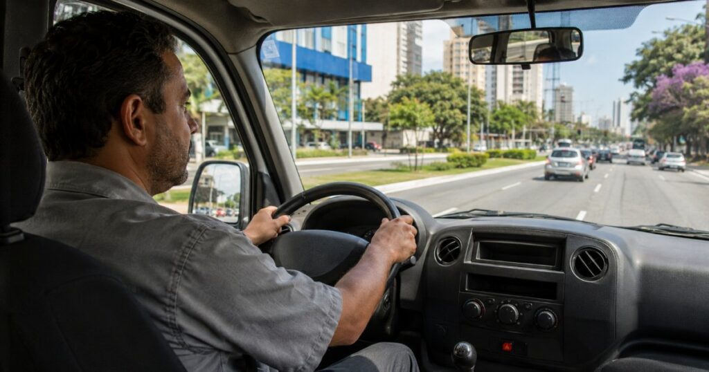 Motorista dirigindo veiculo da empresa em avenida urbana