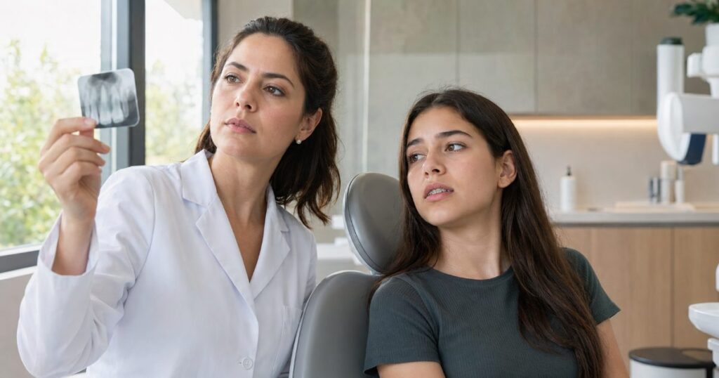 Ortodontista examina contra a luz da janela uma pequena radiografia periapical, enquanto um paciente adolescente de aparelho ortodôntico observa com preocupação.