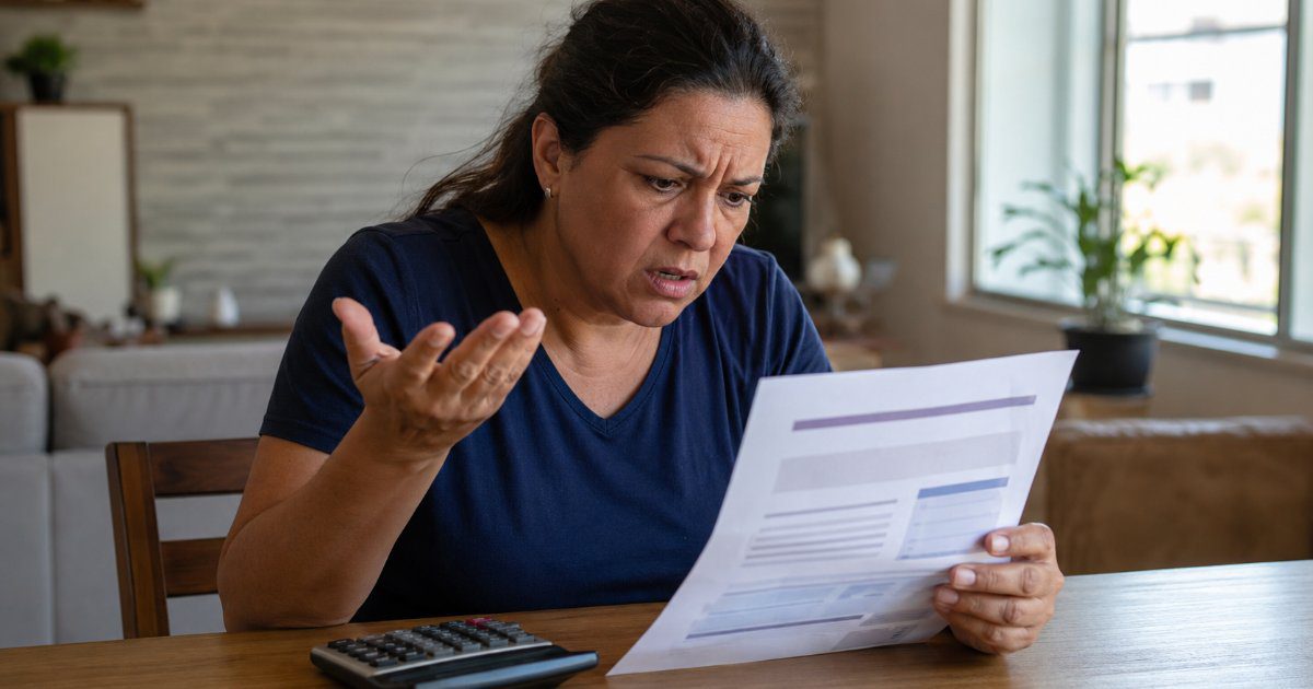 Mulher indignada lendo carta de reajuste do plano de saúde em casa, cena editorial