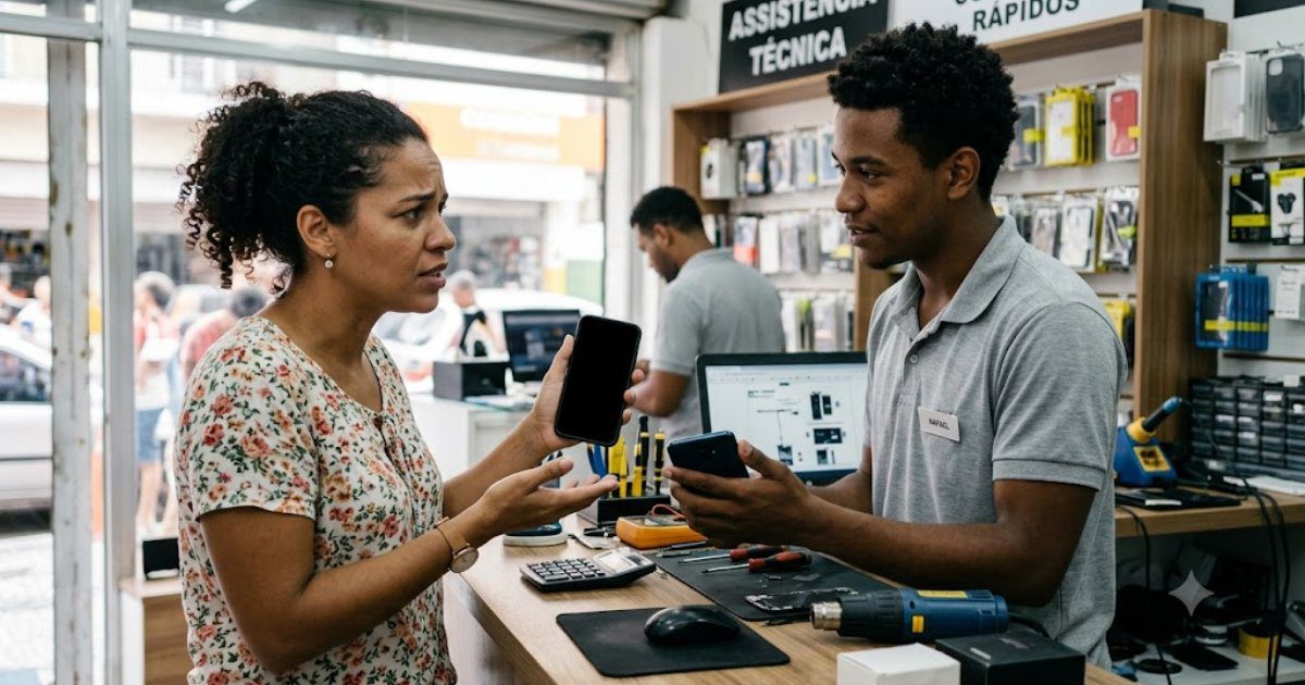 Mulher surpresa lendo carta/fatura em casa, cena editorial sobre cobrança indevida