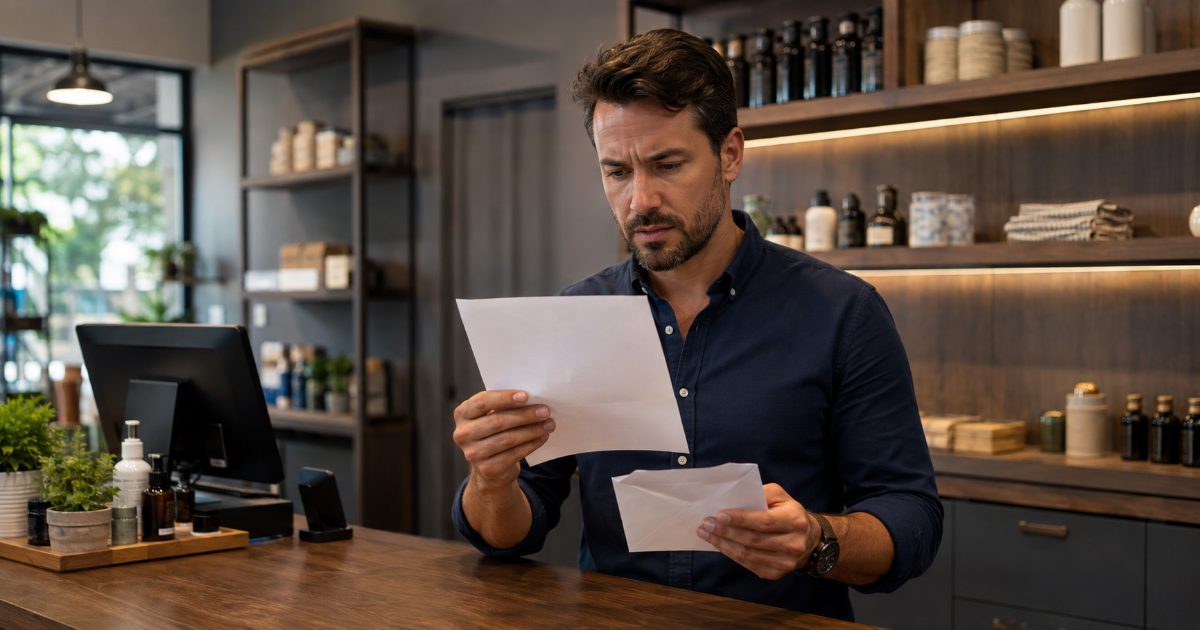 Empreendedor preocupado em sua loja segurando e lendo uma carta formal recém-recebida com apreensão