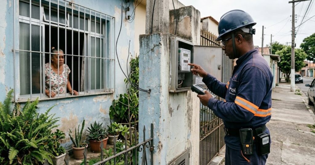 Técnico de energia elétrica lendo medidor, moradora observando preocupada, cena editorial sobre recuperação de consumo
