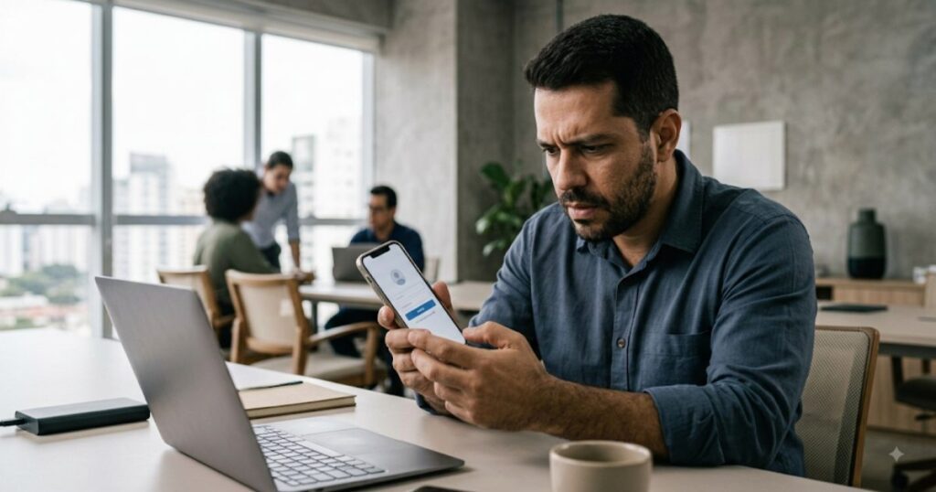 Empreendedor usando smartphone tentando recuperar acesso a perfil comercial em rede social