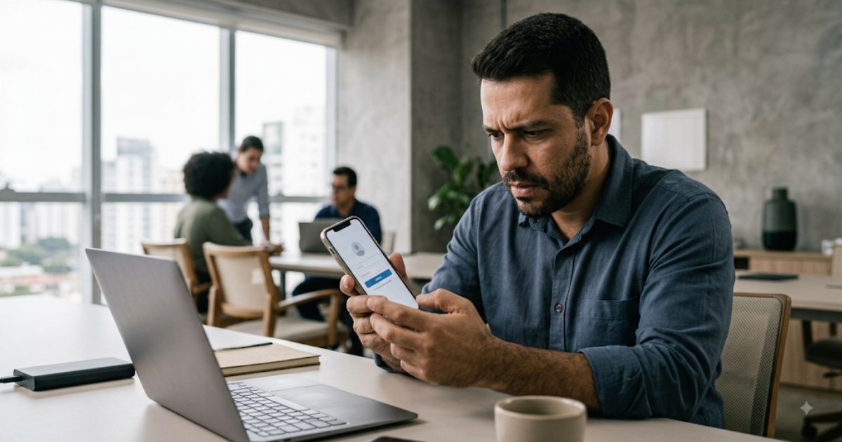 Empreendedor usando smartphone tentando recuperar acesso a perfil comercial em rede social