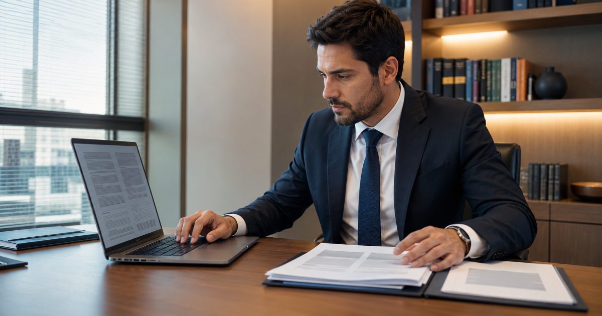 Advogado em escritório preparando peça de recurso, revisando documentos e digitando em notebook com foco