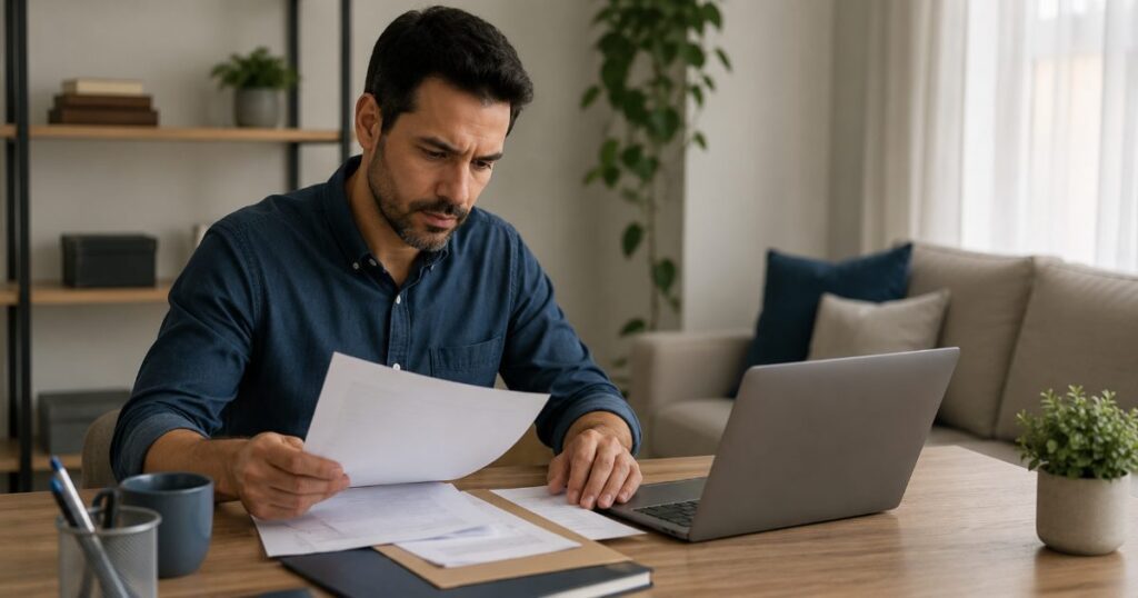 Profissional autônomo sozinho em sua mesa de trabalho em casa organizando documentos pessoais e usando notebook