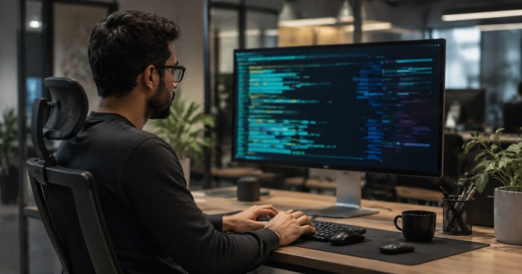 Programador desenvolvendo software com código-fonte em tela de computador em ambiente de tecnologia
