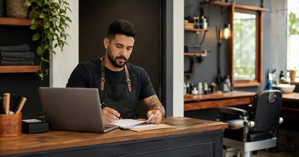 Pequeno empreendedor individual trabalhando no balcão de seu pequeno negócio usando um notebook