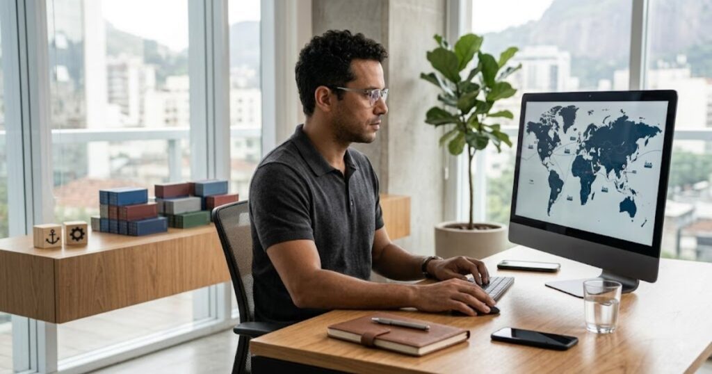 Profissional revisando mapa-múndi digital no computador, remetendo à proteção internacional de marcas