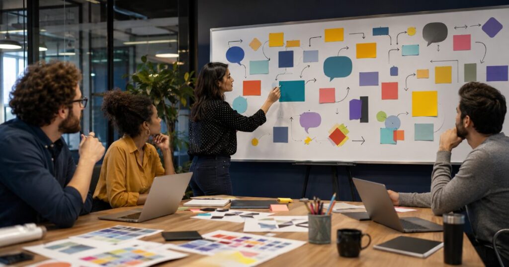 Equipe de publicidade criativa em reunião de brainstorming em frente a um quadro branco cheio de ideias
