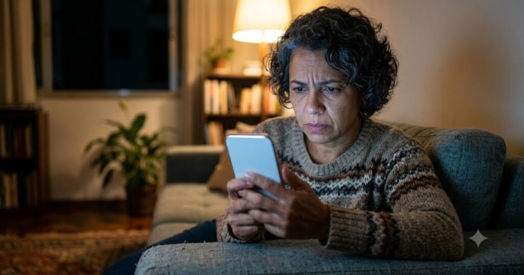 Pessoa preocupada olhando celular à noite, cena editorial sobre remoção de conteúdo ofensivo