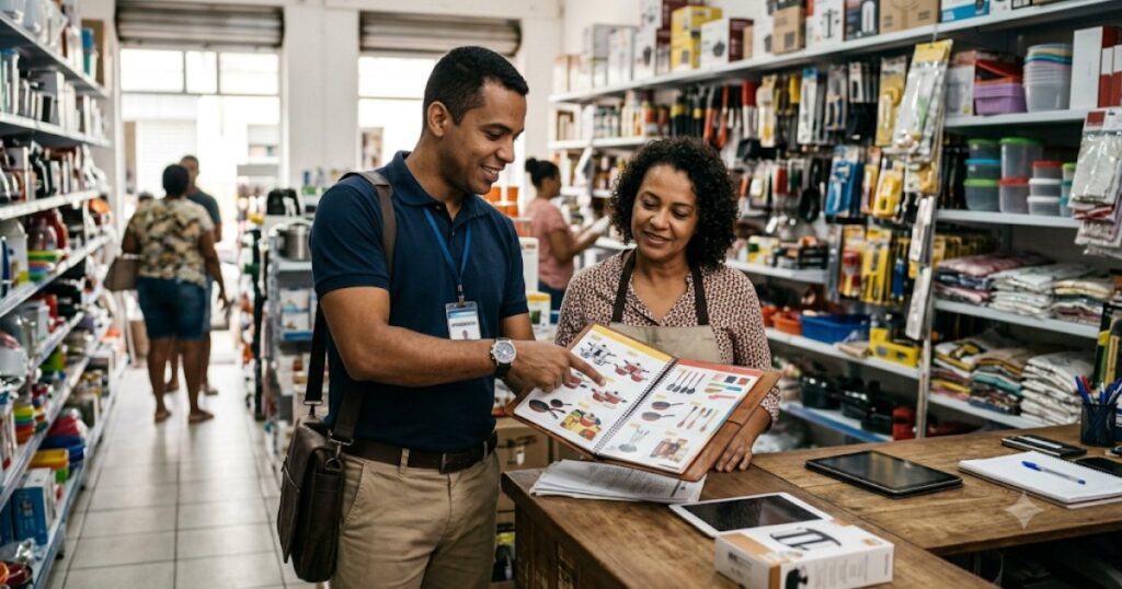 Representante comercial atendendo cliente em loja com catalogo de produtos