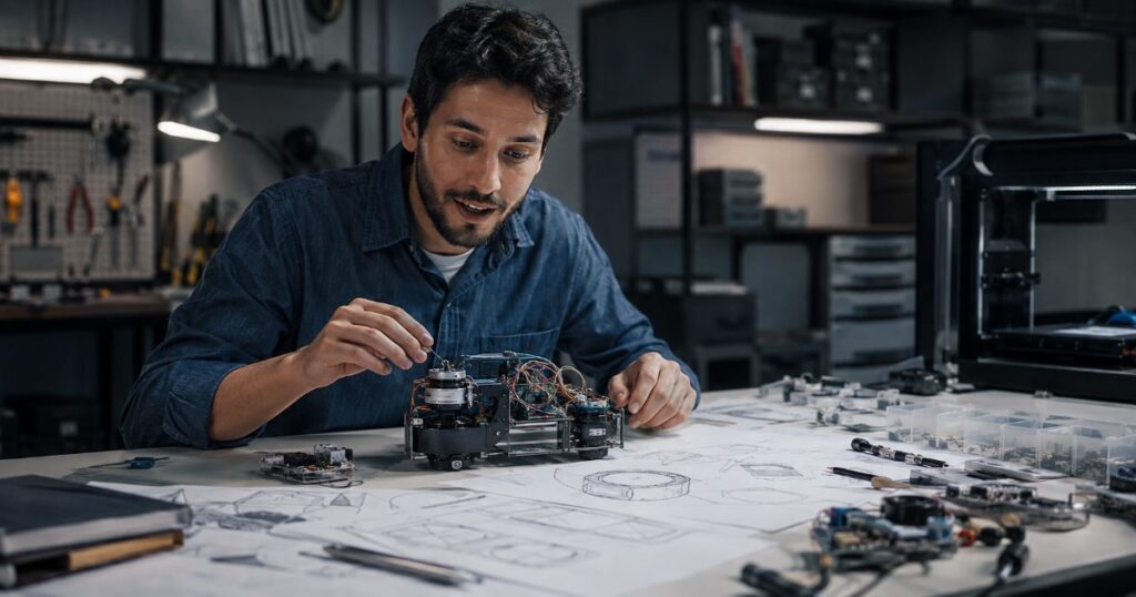 Inventor em bancada em momento de descoberta ao criar um novo dispositivo inovador com esboços técnicos
