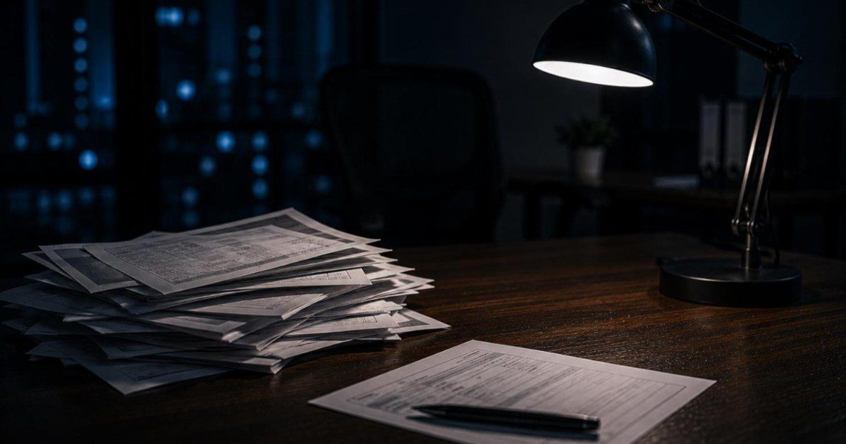 Pilha desalinhada de comprovantes e documentos impressos sobre mesa de madeira escura, com luminária acesa e cadeira de escritório vazia ao fundo