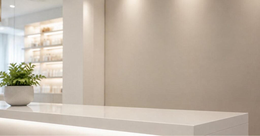 Balcao de recepcao branco em clinica de estetica moderna e vazia