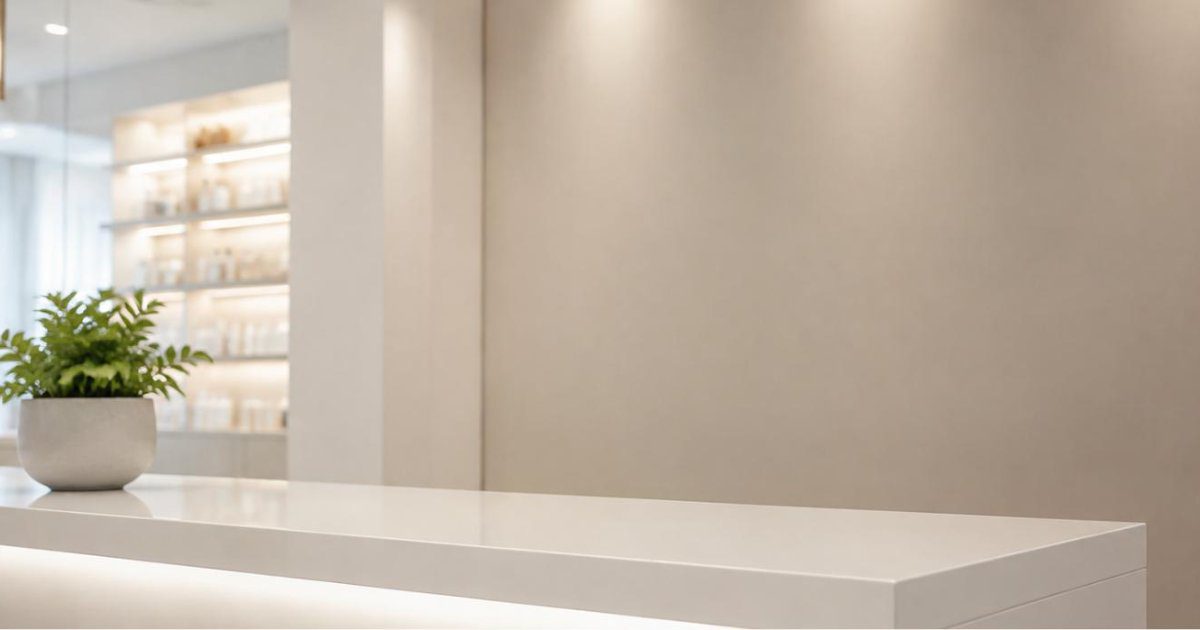 Balcao de recepcao branco em clinica de estetica moderna e vazia