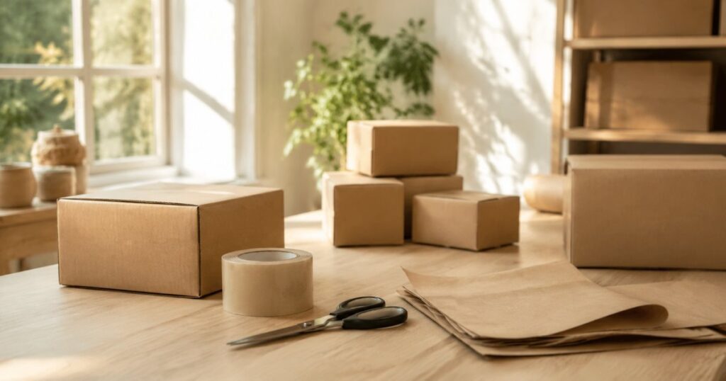 Bancada clara de trabalho com caixas de papelao, fita adesiva e papel kraft sob luz natural