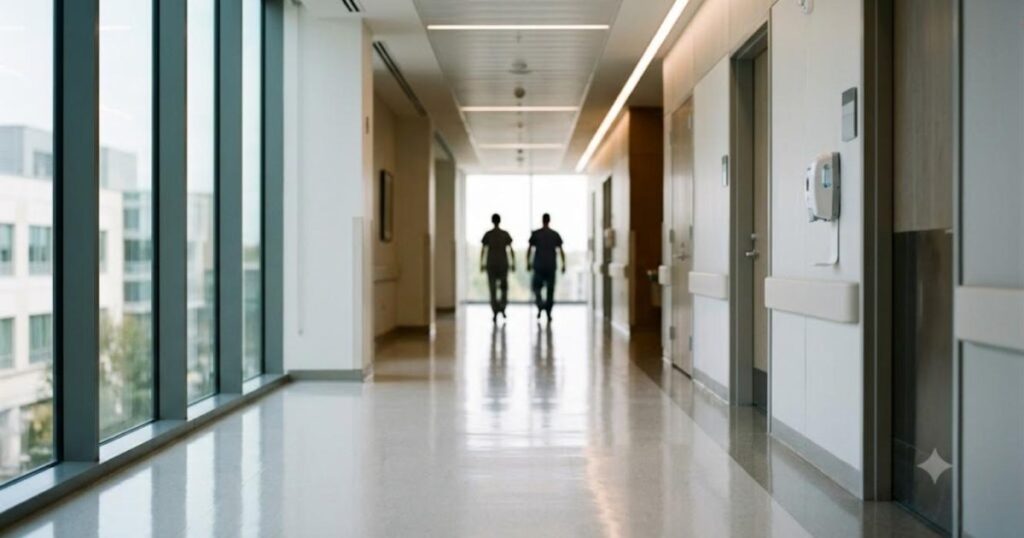 Corredor amplo e iluminado de hospital moderno com duas pessoas desfocadas caminhando ao fundo