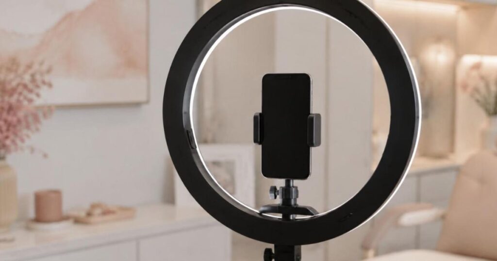 Ring light com celular em tripe em ambiente claro de estudio caseiro