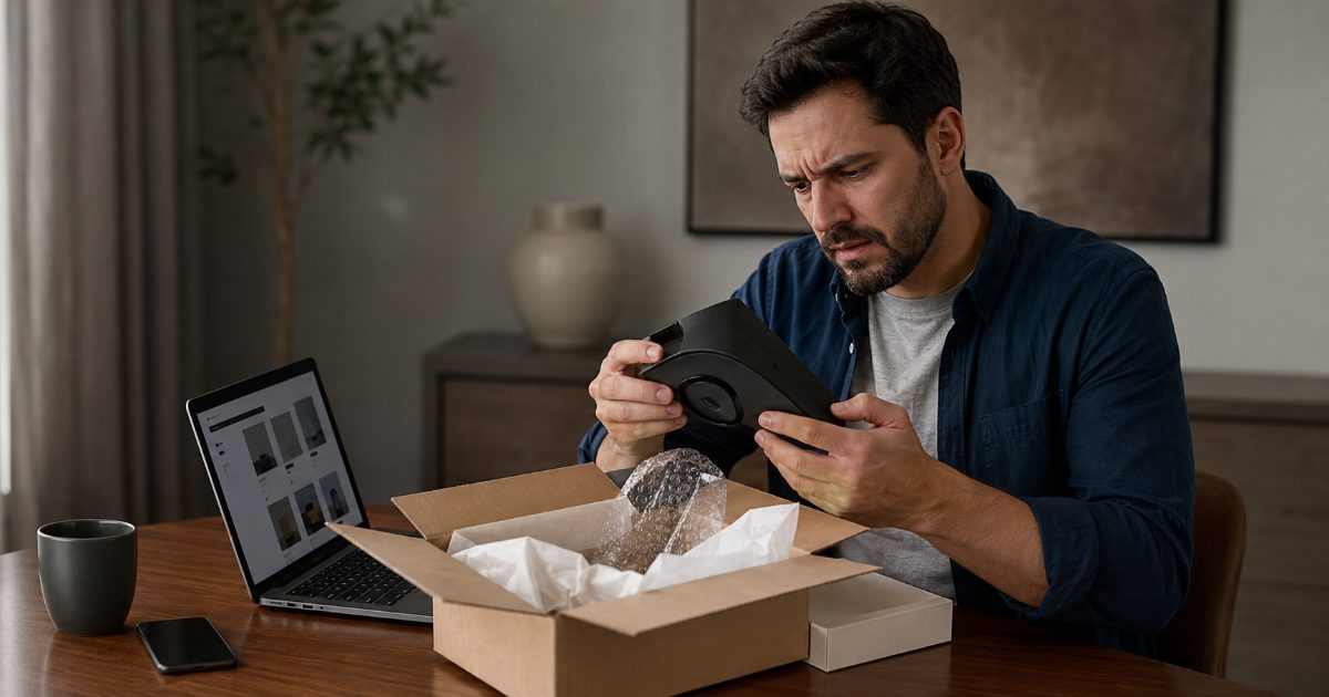 Consumidor abrindo caixa de entrega em casa e percebendo que o produto comprado online é falsificado
