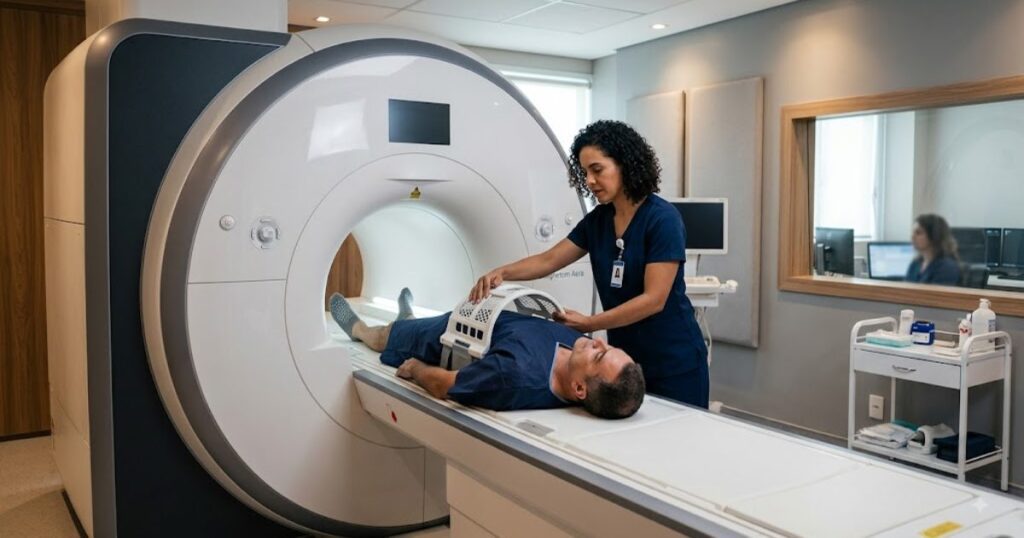Paciente sendo posicionado por uma tecnica em um aparelho de ressonancia magnetica em uma clinica de imagem