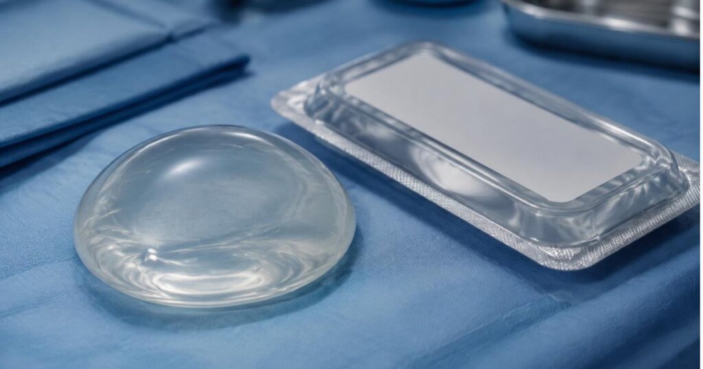 Implante de silicone sobre campo cirurgico esteril ao lado de embalagem lacrada