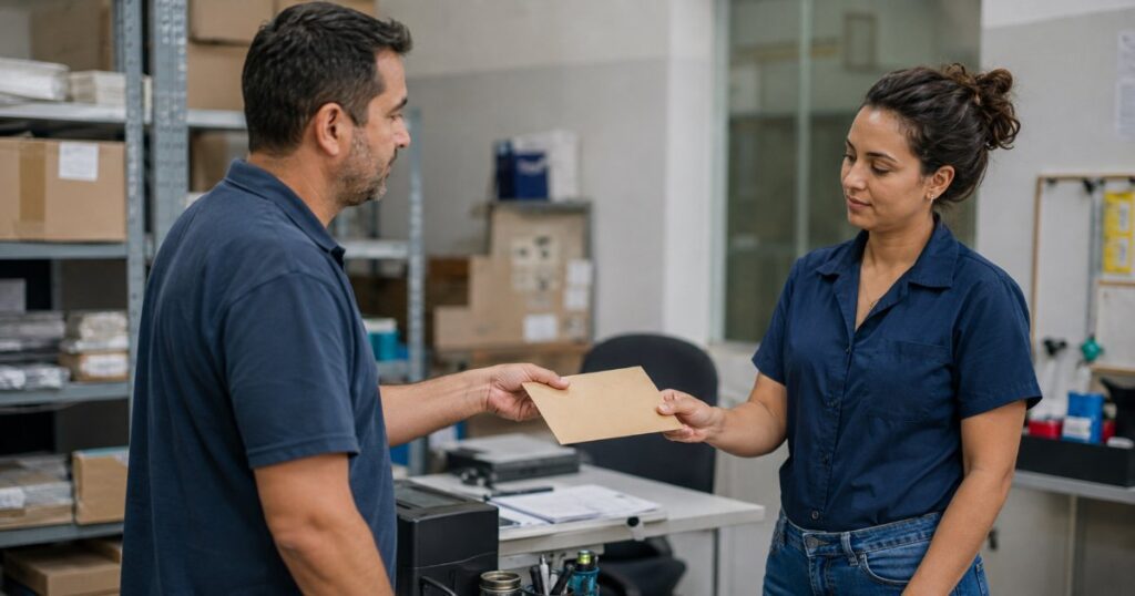 Mulher recebendo envelope de pagamento em dinheiro por fora em ambiente de trabalho