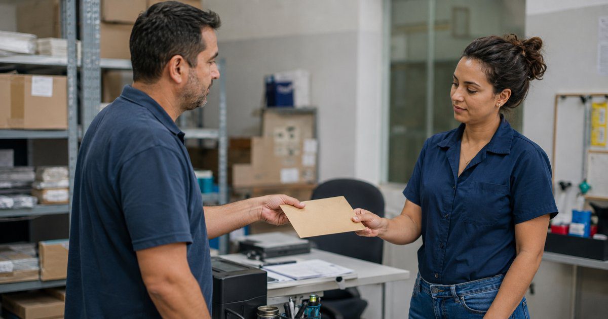 Mulher recebendo envelope de pagamento em dinheiro por fora em ambiente de trabalho