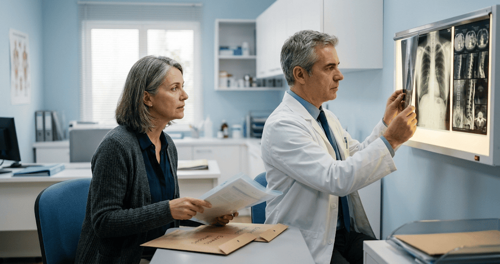 Paciente mostrando exames para segundo médico em consultório