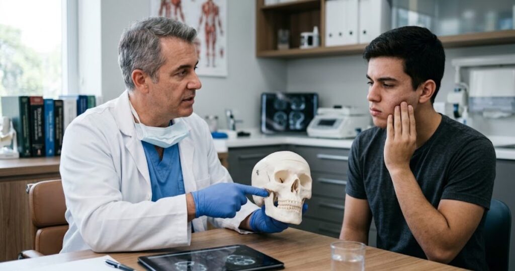 Cirurgião bucomaxilofacial mostra um modelo anatômico de crânio a um paciente jovem que toca o próprio maxilar com expressão preocupada, em consultório especializado.