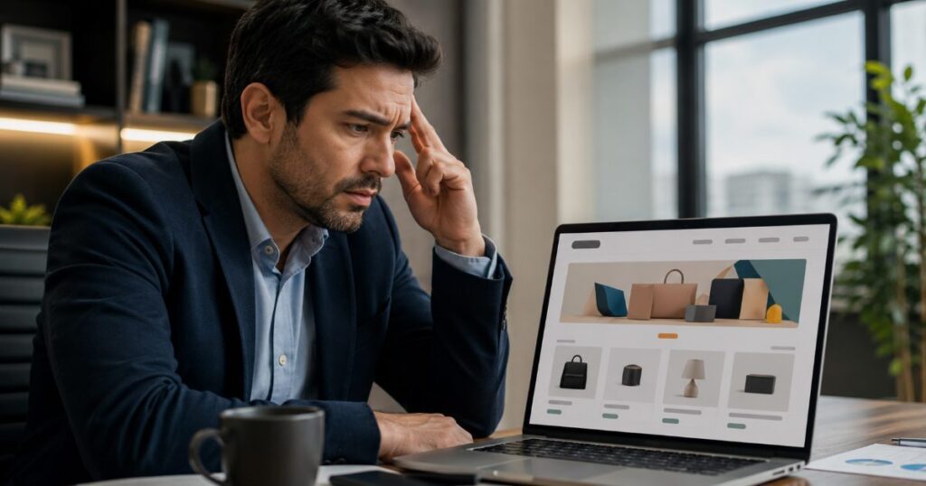 Pessoa em escritório observando com preocupação notebook com página de site imitando loja oficial