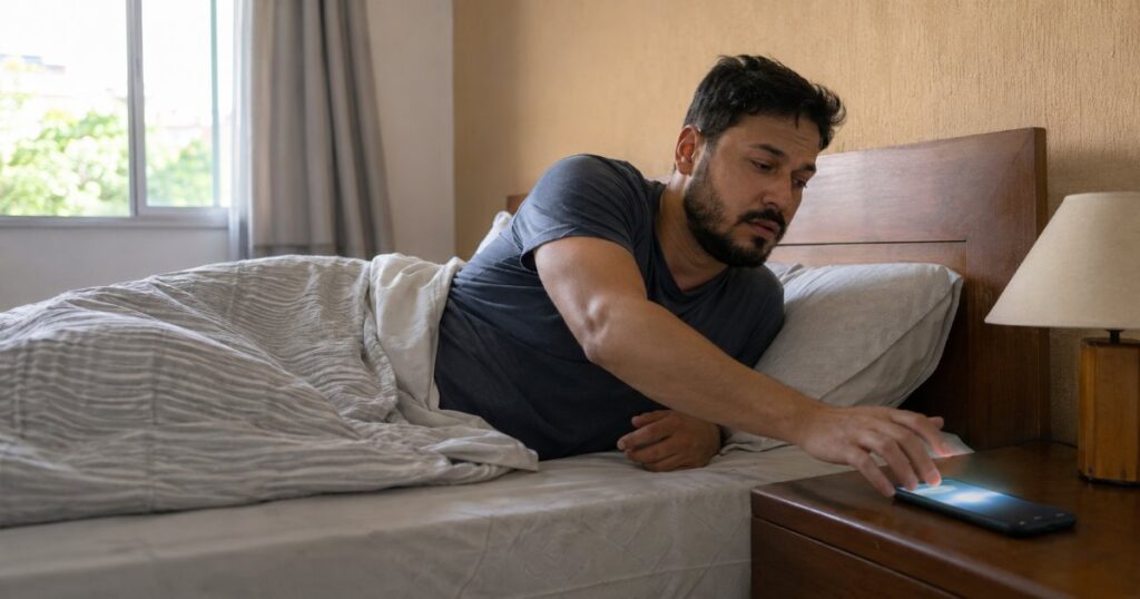 Trabalhador dormindo em casa acordando com notificacao do celular de trabalho