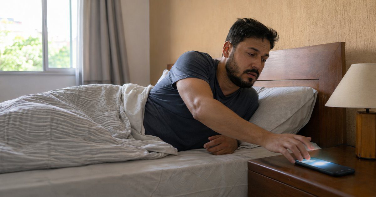 Trabalhador dormindo em casa acordando com notificacao do celular de trabalho