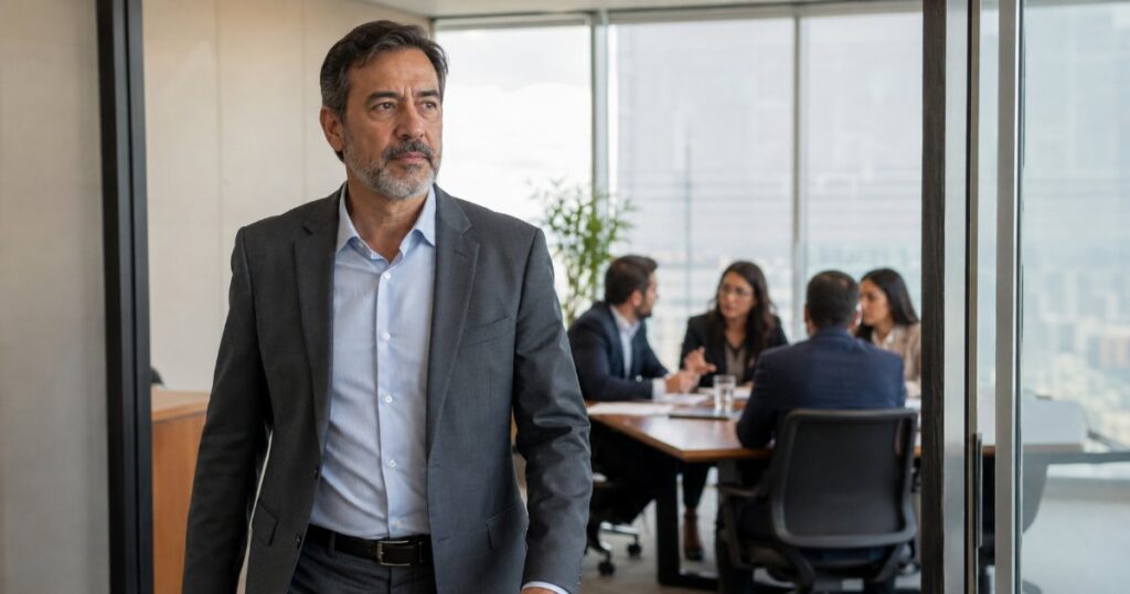Empresario deixando sala de reuniao enquanto socios conversam ao fundo