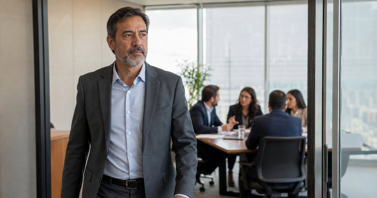 Empresario deixando sala de reuniao enquanto socios conversam ao fundo