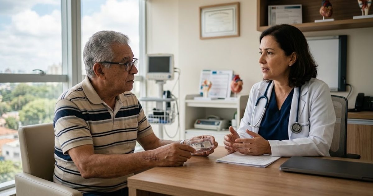 Medico cardiologista conversando com paciente idoso em consultorio sobre implante de stent e marca-passo