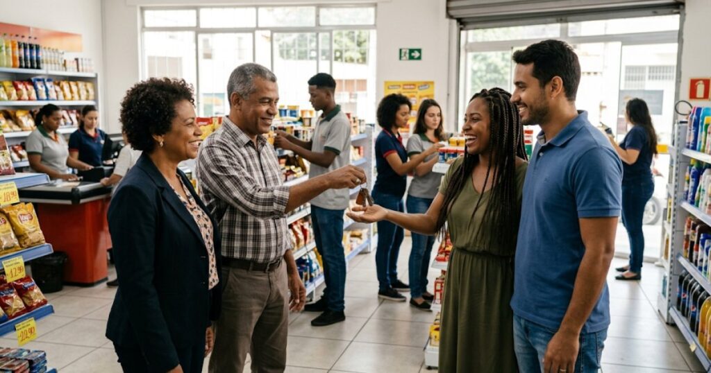 Empresarios entregando a chave de uma loja para os novos donos em comercio brasileiro