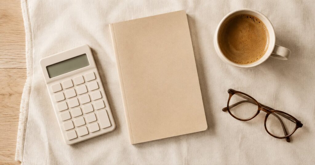 Mesa clara vista de cima com calculadora, caderno fechado, xicara de cafe e oculos