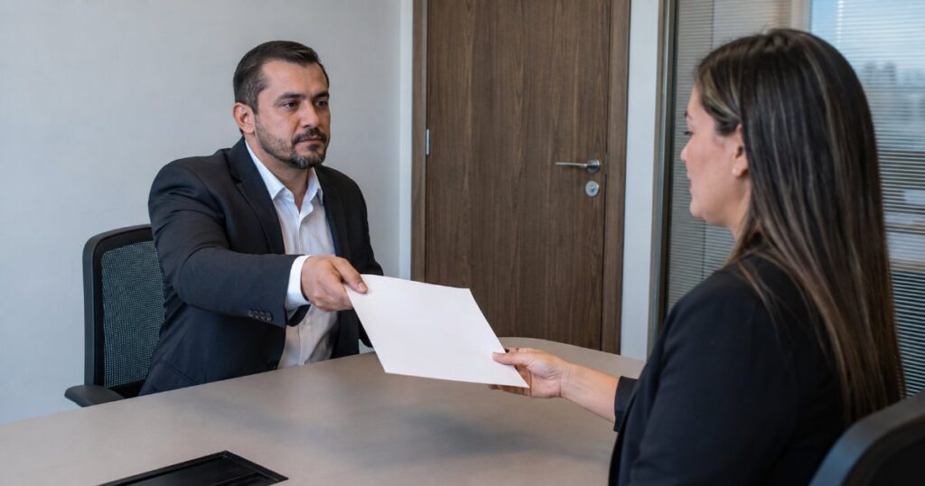 Gestor entregando documento a funcionario em sala reservada