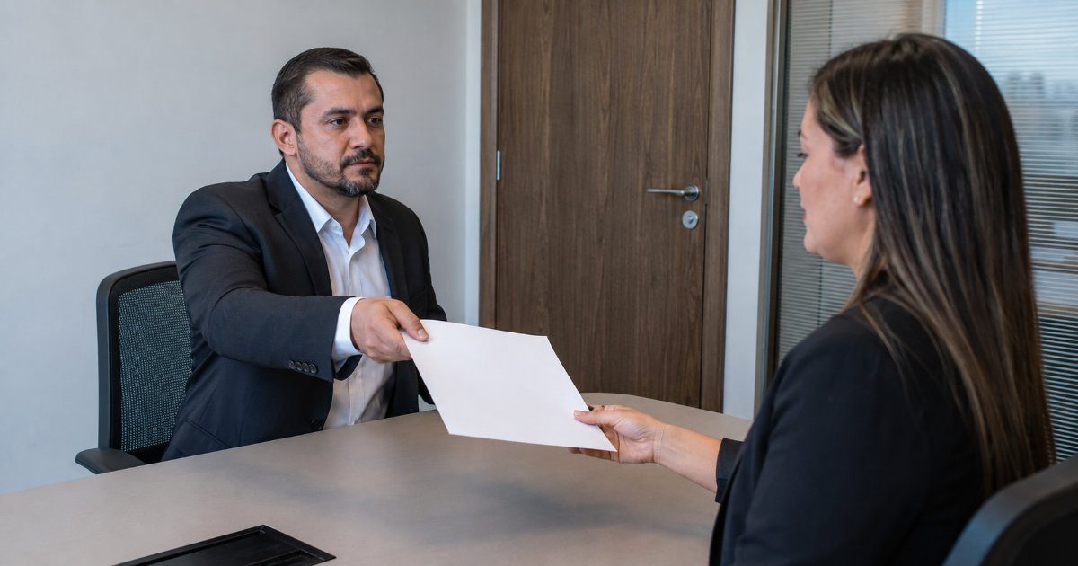Gestor entregando documento a funcionario em sala reservada