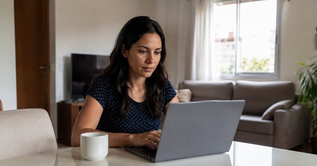 Mulher trabalhando em home office com notebook na sala de casa