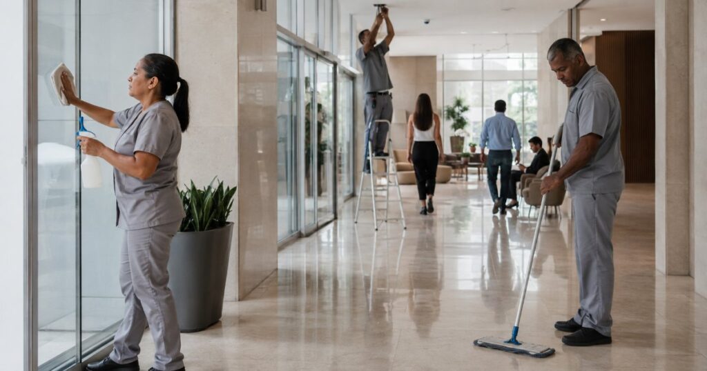 Equipe terceirizada de limpeza e manutencao em predio comercial