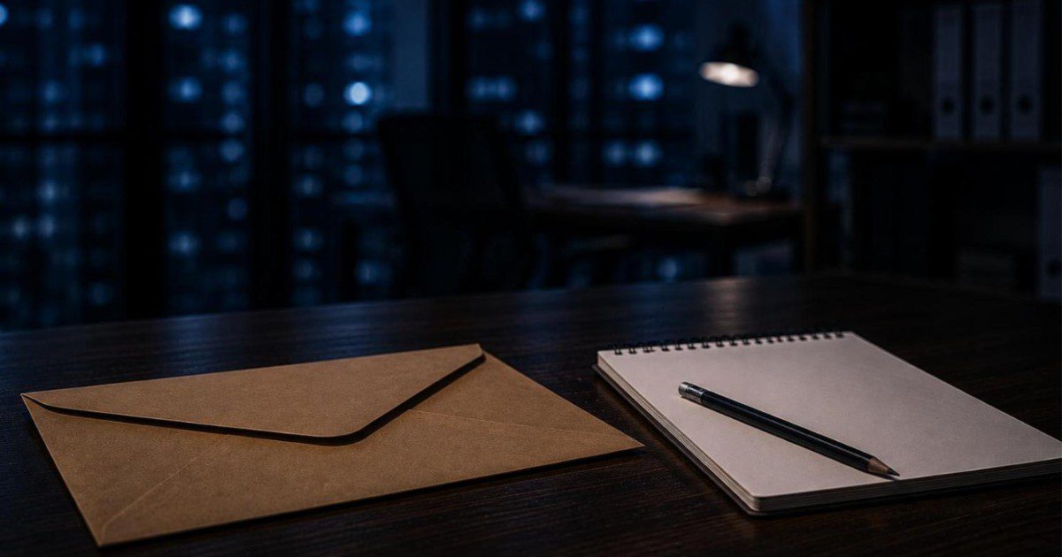 Envelope de papel kraft fechado ao lado de bloco de anotacoes em branco e lapis sobre mesa escura, ilustrando pagamento informal sem registro em carteira