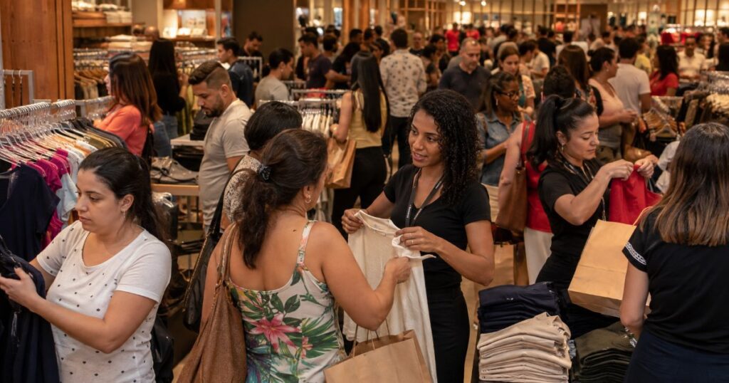 Loja brasileira movimentada com vendedores atendendo clientes