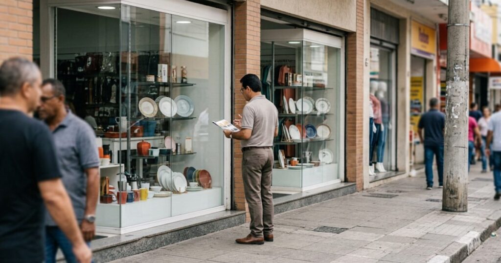 Pessoa observando e comparando vitrines de duas lojas semelhantes em rua comercial